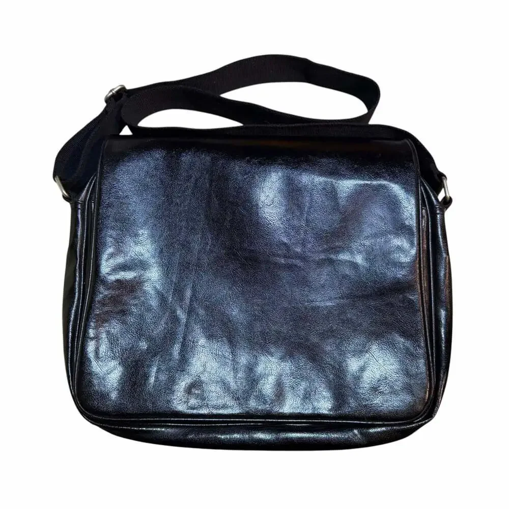 Black Faux Leather Messenger Bag with Adjustable Strap